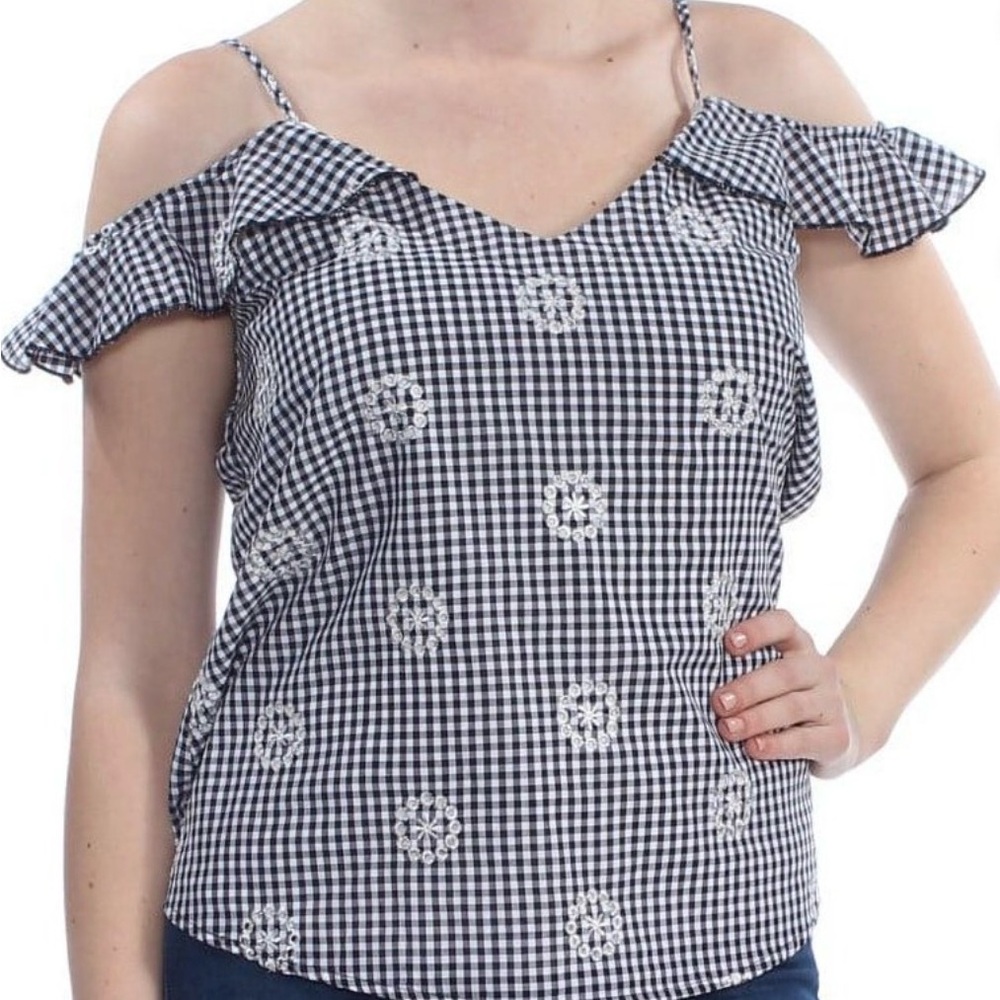 Gypsies & Moondust Black Gingham Embroidered Cold-Shoulder Cami